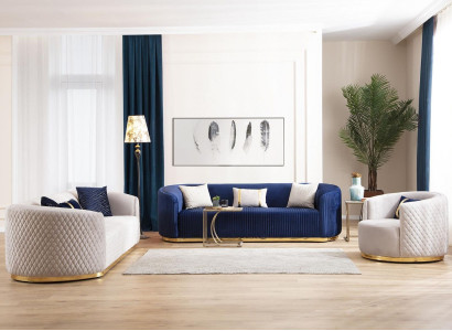 Sofagarnitur Dreisitzer Sessel Edelstahlmöbel Stoffsitzer Blau 3+3+1